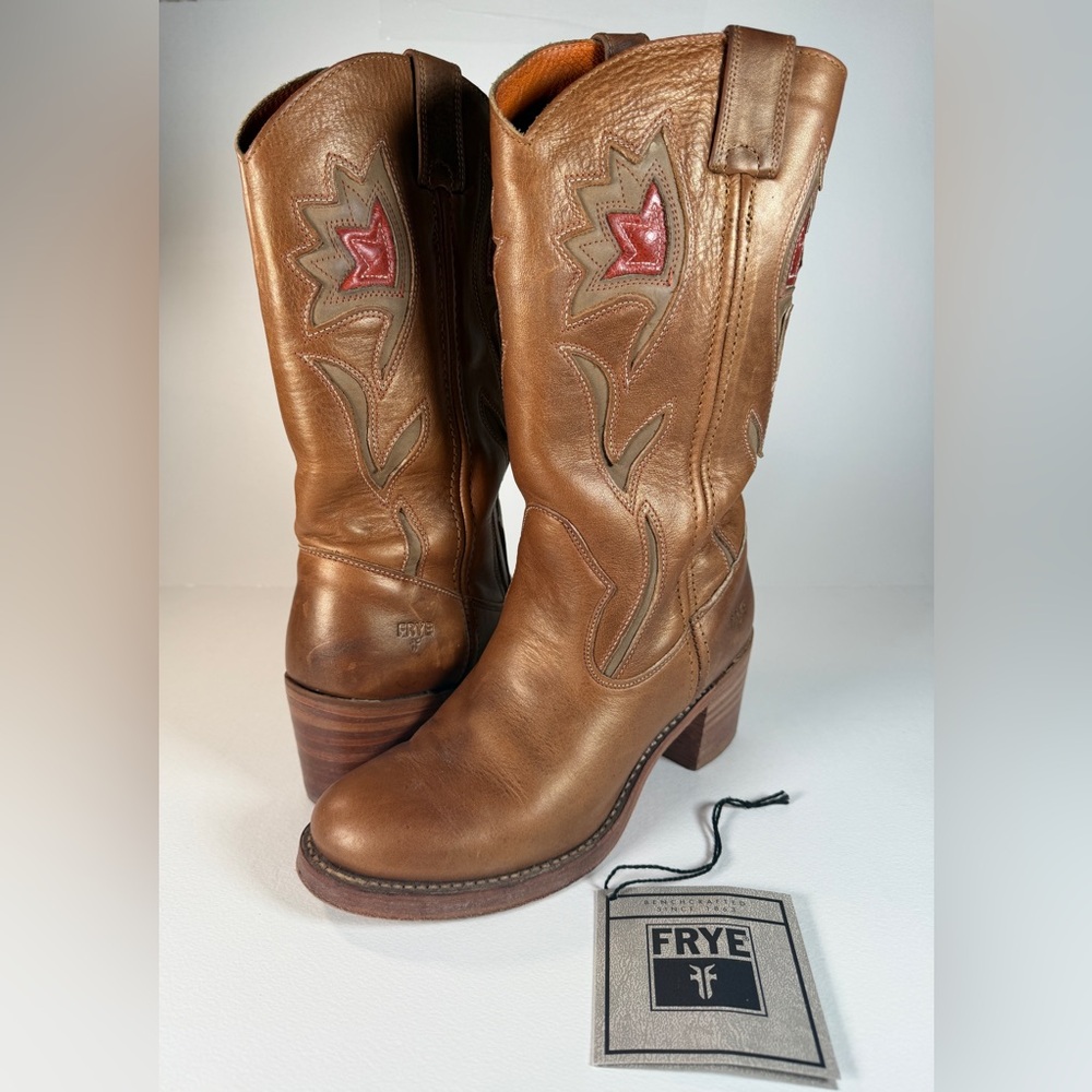 Vtg 90s FRYE Sabrina Flower Western Cowboy Boots Leather 8.5 W/ Box Tags